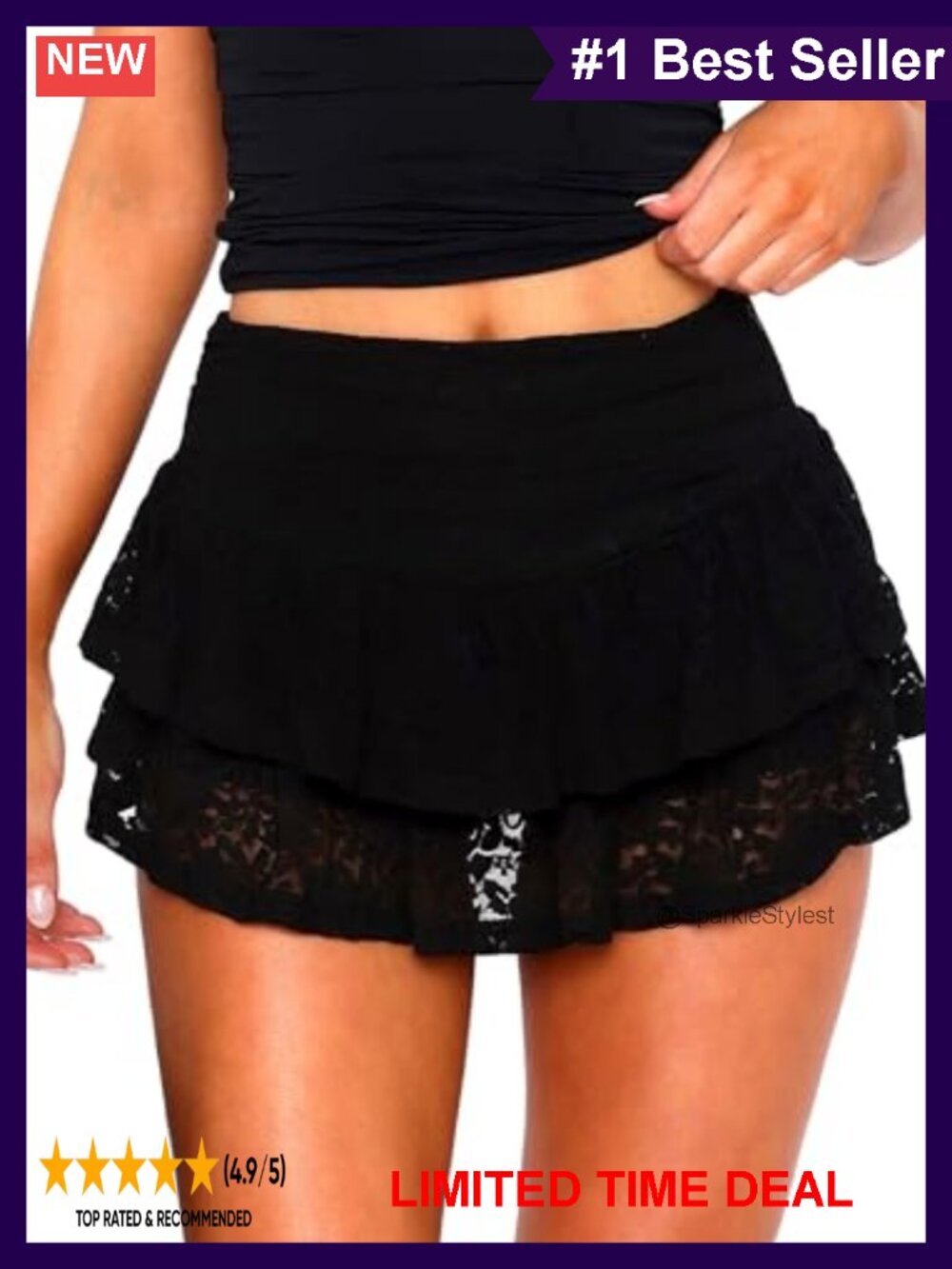 Lace Ruffle Mini Skort High Waisted Pleated Skirt with Built-in Shorts